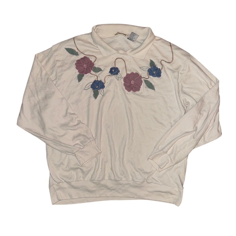 Vintage Season Ticket Floral Embroidered Polo Collar Sweatshirt Cream 3X